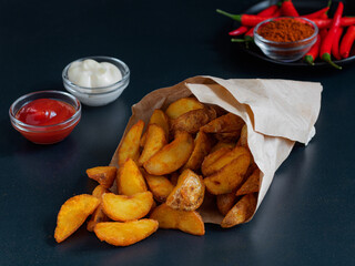 Baked potato wedges. Mexican potatoes. Potatoes with paprika and sauce. Selective focus. Dark background. In a paper bag.