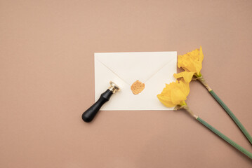 Top view flat lay of wax seal envelope and flowers