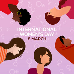 International Women's Day. Vector illustration of five happy smiling diverse women standing together. 