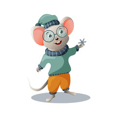 Cartoon mouse in winter in a warm sweater