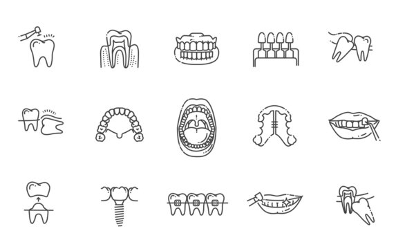 Thin line vector icons of dental clinic services, stomatology, dentistry, orthodontics