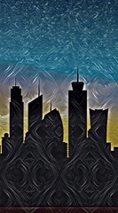 silhouetted fantasy abstract urban city-scape in dark browns and shades of blue with a deeply textured sky
