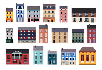 large set of colored residential buildings  and urban apartment buildings on a white background, vector illustration