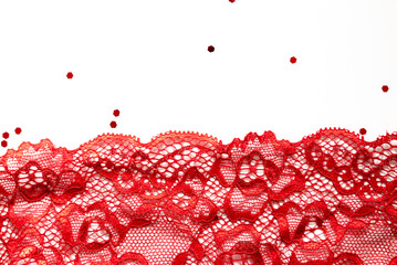 Red lace with pattern in the manner of flower on white background - obrazy, fototapety, plakaty