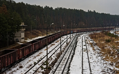 Pociąg towarowy stojący na bocznicy wśród lasów w zimie , przyprószony śniegiem . - obrazy, fototapety, plakaty