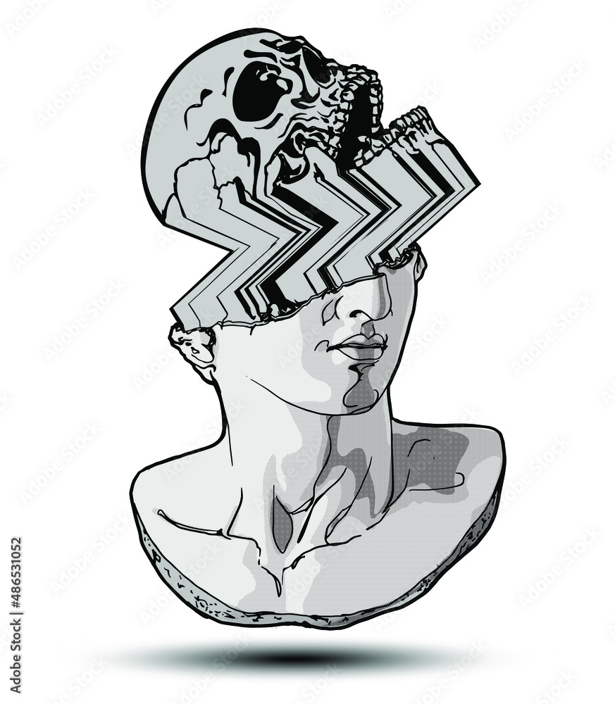 Poster vector hand drawn illustration of classical sculpture fragment of colossal head with glitched skull 