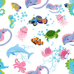 Marine life, fish, animals bright seamless pattern. sea travel, underwater diving animal tropical fish. Jellyfish, whale, shark, seahorse, clown fish, dolphin, turtle, emperor