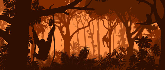 Beautiful vector landscape of a rainforest jungle with orangutan monkeys and lush foliage in sunset orange colors. - obrazy, fototapety, plakaty