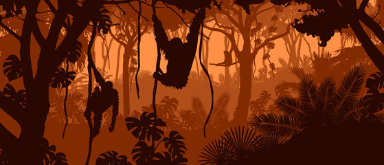 Beautiful vector landscape of a rainforest jungle with orangutan monkeys and lush foliage in sunset orange colors.