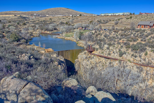 Aerial view of Fain Lake Dam, Prescott Valley, Yavapai County, Arizona, USA