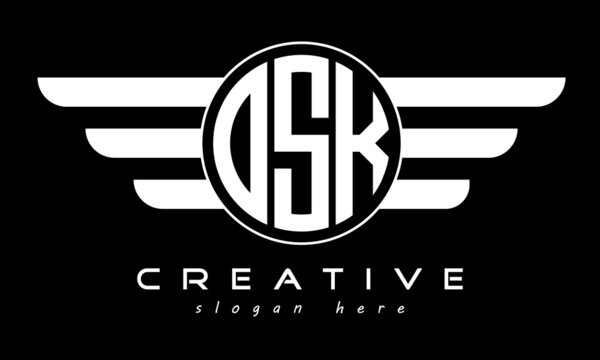 OSK three letter monogram type circle letter logo with wings vector template.