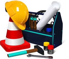 set of working tools with safety helmet and fencing cone