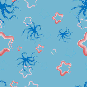 Seamless pattern with an octopus and sea stars