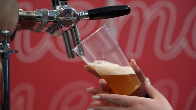 Female bartenders filling disposable glass with beer