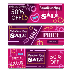 Valentine's day sale banners with neon designs for half price promotions with neon hearts elements in a background. Vector illustration.