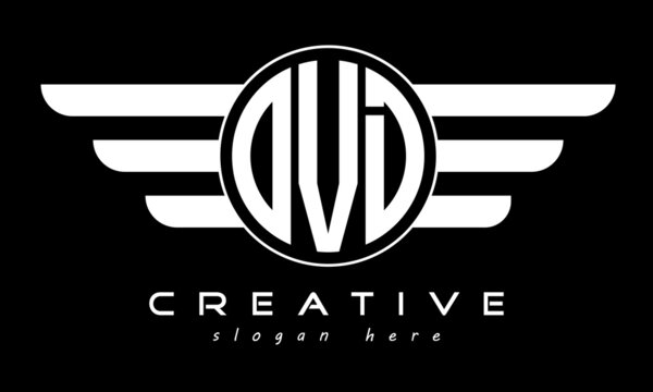 OVD three letter monogram type circle letter logo with wings vector template.