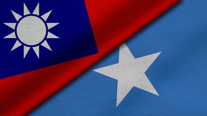 3D Rendering of two flags from Taiwan and Federal Republic of Somalia together with fabric texture, bilateral relations, peace and conflict between countries, great for background