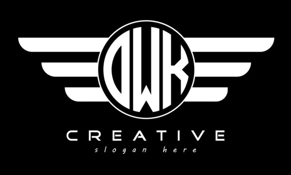 OWK three letter monogram type circle letter logo with wings vector template.