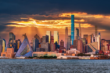 New York, United States - Manhattan skyline sunset colors.