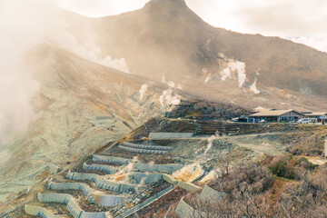 Owakudani volcanic valley, with sulphur vents and hot springs in Hakone, is a popular tourist destination near Japanese Tokyo.