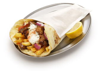 homemade pork meat gyros(pita wrap sandwich) with tzatziki(yogurt sauce), Greek food