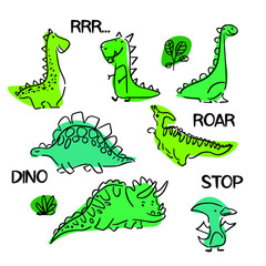 Funny Cartoon Dinosaurs Collections. Set of isolated various dinosaurs cartoon character on white background