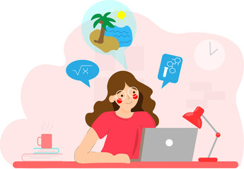 Working woman is sitting with laptop and dreaming about holidays, summer  and sea