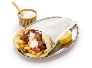 homemade pork meat gyros(pita wrap sandwich) with tzatziki(yogurt sauce), Greek food