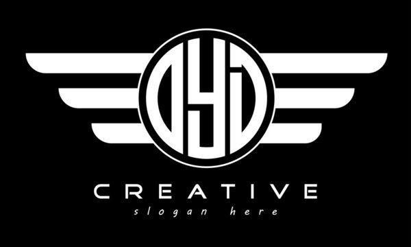OYD three letter monogram type circle letter logo with wings vector template.