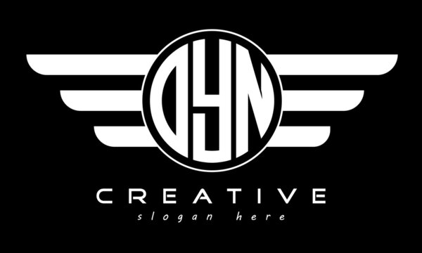 OYN three letter monogram type circle letter logo with wings vector template.