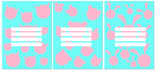 A set of covers for notebooks, notebooks with cartoon animals, with a place for a signature, for printing school diaries, sketchbooks, notebooks, books.
