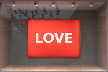 love is the word on the red billboard. the day is a symbol of love or holiday sales concept