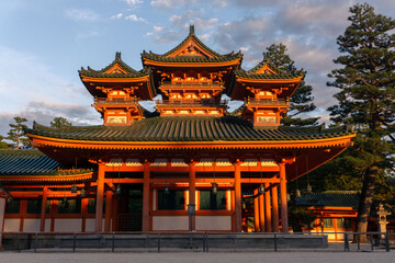 Heian-jingu Shrine, a Shinto shrine located in Sakyō-ku, Kyoto, Japan. The Tori at the entrance is one of the biggest in Japan.