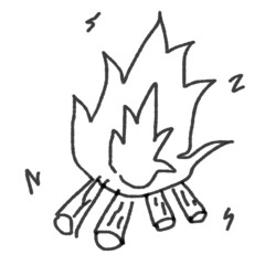 落書き風の焚火のゆるいイラスト。薪と炎。キャンプ関連手描きイラスト