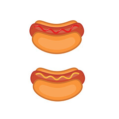 A set of two vector images of hot dogs. Mustard and ketchup dressing. Illustrations for printing, menus and other things.