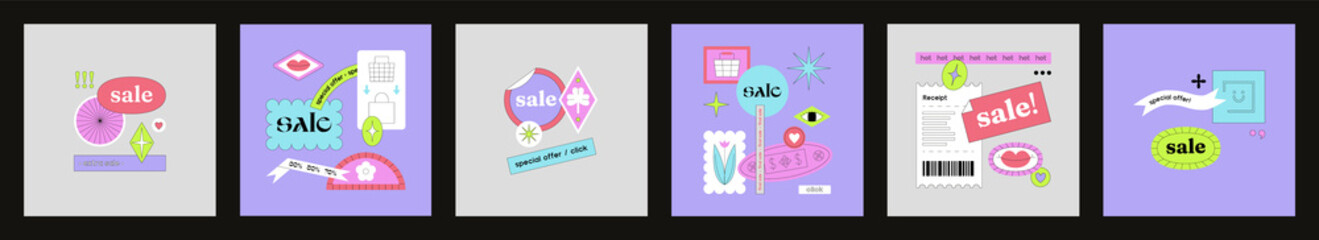 Sale banner set in neon colors. Advertising poster design for beauty store, blog, social media, offers and promotion. Vector illustration. Online beauty shopping.