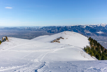 People ski touring in the mountains and forest above Bruelisau in the Swiss Alps