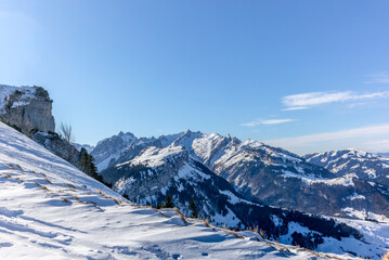Fototapeta na wymiar View of the peak of Hoher Kasten in the Swiss canton of Appenzell in winter