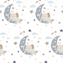 Obraz premium Seamless pattern with cute elephant sleeping on the moon. Vector Illustration