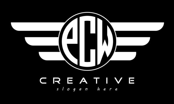 PCW three letter monogram type circle letter logo with wings vector template.