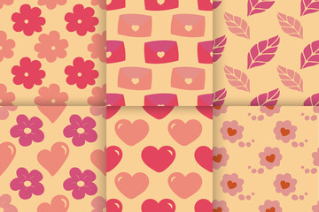 Seamless pattern for Valentine's Day with cute hand drawn elements. Flat vector illustration for paper, textile, fabric, prints, wrapping, greeting cards, banners