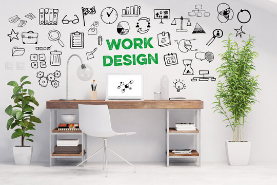 Schriftzug Work Design über Schreibtisch