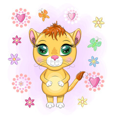 Cartoon lioness with expressive eyes. Wild animals, character, childish cute style