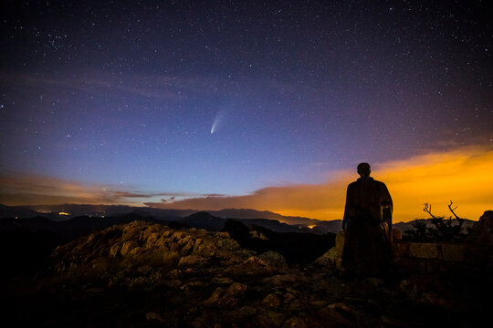 Milky way and Neowise comet, Santuari De La Mare De Deu Del Mo, Garrotxa, Girona, Spain