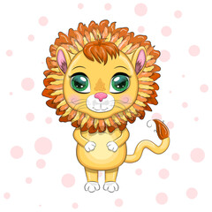 Cartoon lion with expressive eyes. Wild animals, character, childish cute style