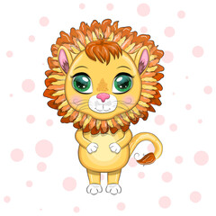 Cartoon lion with expressive eyes. Wild animals, character, childish cute style