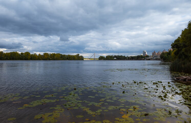 Picturesque landscape view of Depr Bay near Obolon district. Nature inside city. Kiev, Ukraine