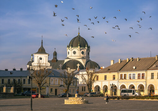 A flying flock of pigeons over the Market Square in the city of Zhovkva, Lviv region of Ukraine, on a sunny autumn day