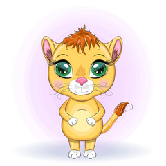 Cartoon lioness with expressive eyes. Wild animals, character, childish cute style.