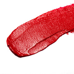 Beauty swatches. Lipsticks smear, palette of smudged lipsticks isolated on white background. Red color of cosmetic product smear sample